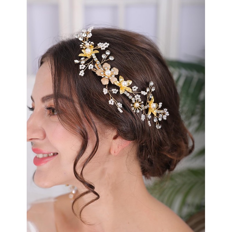 Teyglen Gold Pearl Wedding Headband Hair Vine with Rhinestone Bridal