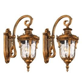 Outdoor Wall Lights, Waterproof Aluminum Porch Wall Light for Outside House, Patio, Yard, Garden, Gold Gooseneck Exterior Wall Sconce, Hardwired Outdoor Acorn Shape Lantern, Water Ripple Glass, 2pack