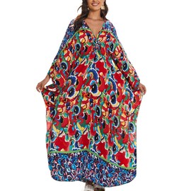 MEILING Women's Printed Kaftan Nightgown Loungewear Caftans Dress Plus Size Long Beach Cover Up Swimwear, Print U, One Size