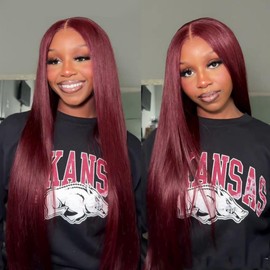 Wiggins Hair Cherry Cola Red Color Glueless Human Hair Wigs Straight Wig 5x7 Lace Closure Human Hair Wig Pre Cut Lace Pre Plucked Hairline Ready to Go Glueless Wigs Human Hair 18 Inch