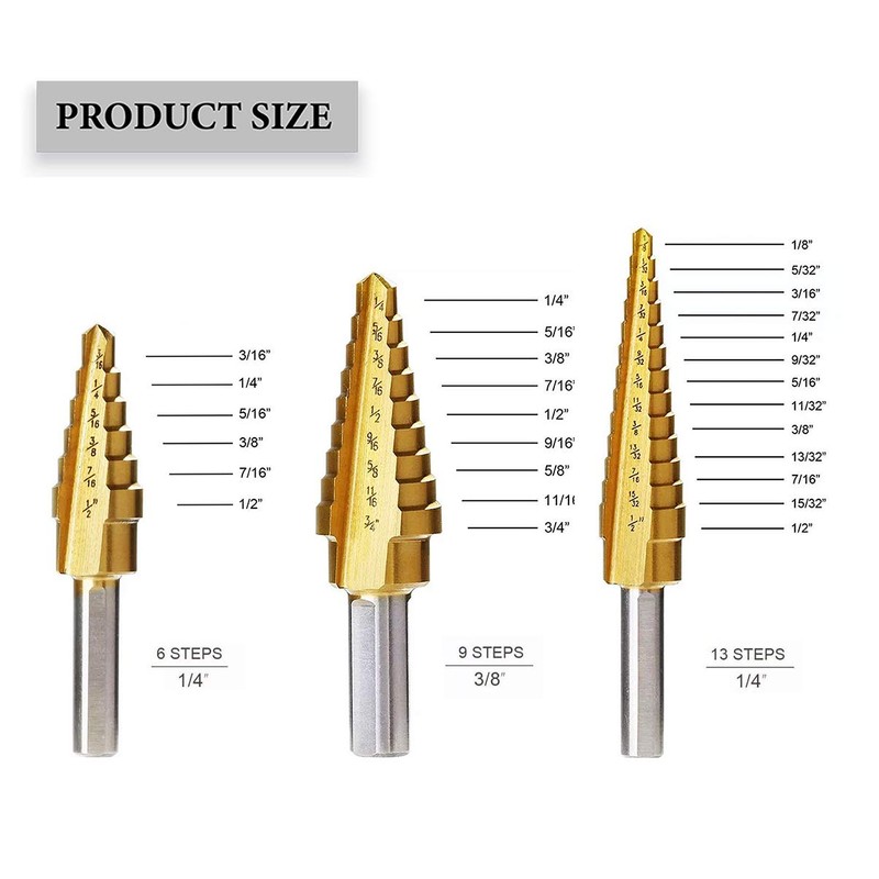 Step Drill Bits Set Titanium Coated 3 PCS HSS 28
