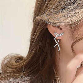 Andelaisi Boho Rhinestone Bow Earrings Silver Crystal Bow Stud Earrings Vintage Crystal Cz Earrings Bling Cz Bow Knot Earrings Jewelry for Women