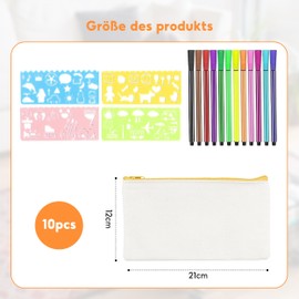 Megcdtr DIY Blank Fabric Bag, Pack of 10 Canvas Pencil Case for Painting with 12 Coloured Pencils, 4 DIY Painting Stencils and Sticky Notes, Fabric Pencil Case for Stationery Small Items (21 x 12 cm)