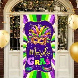 BlissYard Mardi Gras Door Cover Mardi Gras Party Supplies Door Banner Backdrop 71"x35" Mask Garland Photography Background New Orleans Masquerade Party Supplies Carnival Banner Decor Decorations