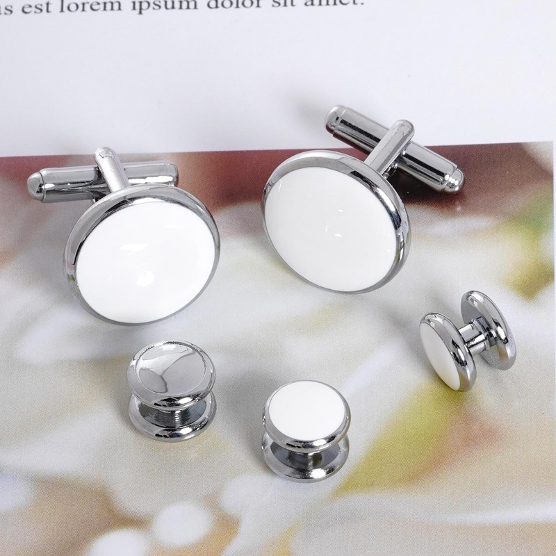 White Silver Tuxedo Studs and Cufflinks Set, Mens Cufflinks and