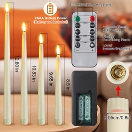 Rossesay 16 Pcs Battery Operated Taper Candles with Remote Timer Christmas Candles Bulk Decor 8.5 9.6 10.8 12.8 LED Multiple Sizes Flameless Flickering Candlestick for Christmas Wedding(Ivory)