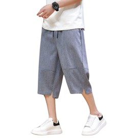 Men's Sarouel Pants, Summer Clothes, Medium Pants, Casual, Sweat Absorbent, Quick Drying, Adjustable Drawstring, Solid, Thin, Cool, Hakama Pants, 3/4 Length, Large Size, Wide Pants, #K06-grey, XL