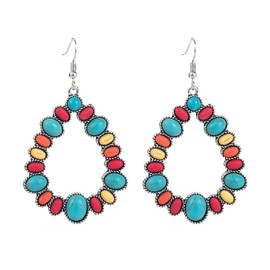 Bohemian Turquoise Geometric C Shape Drop Dangle Earrings Ethnic Hoop Colorful for Women Statement Western Cowgirl Tribal Boho Jewelry-Rainbow Teardrop