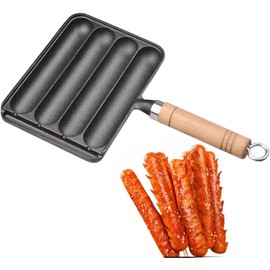 Sfocgoi Cast Iron Sausage Grill Pan, Non Stick Baking Tray With Anti Scald Wooden Handle, Hot Dog Grill Pan