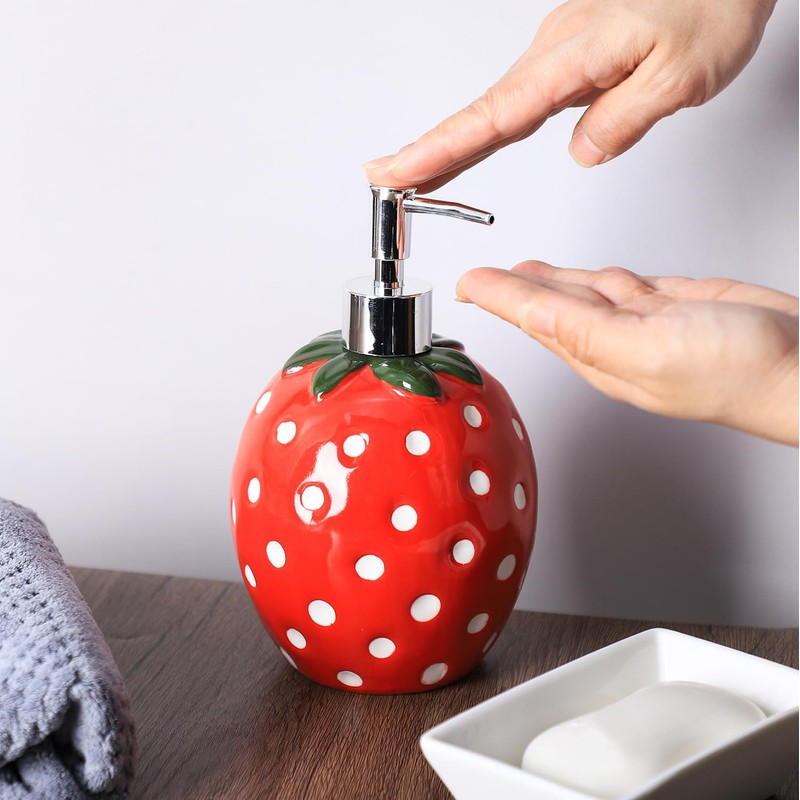 Bicuzat Large Capacity Ceramic Red Strawberry Shaped Soap Dispenser with