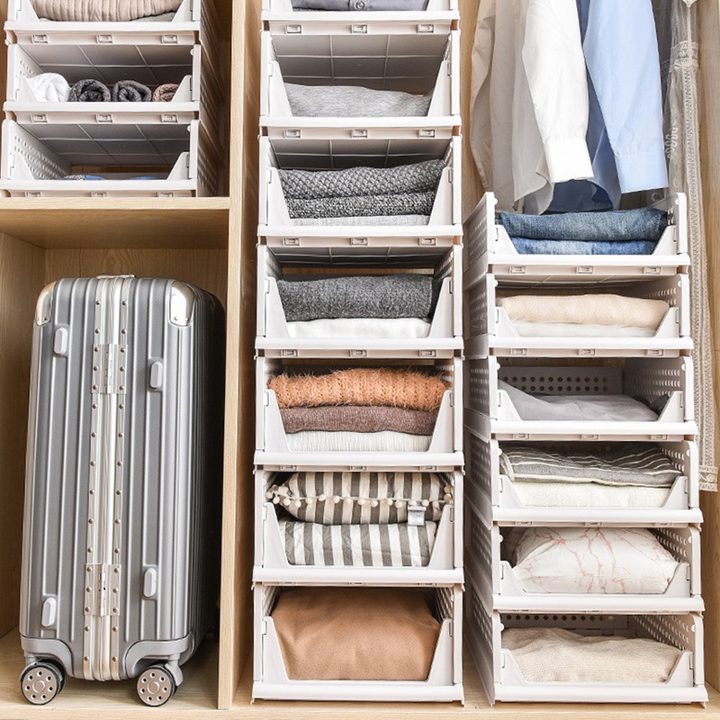 Stackable Storage Basket Plastic Large Open Drawer Wardrobe Cloth Container