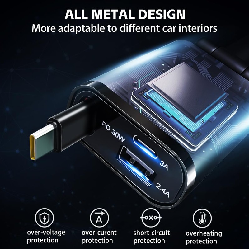 Retractable Car Charger 3 in 1 Fast Charging Type C