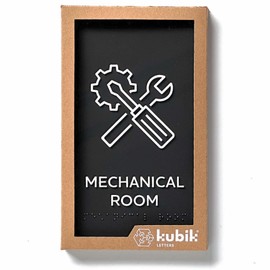 Kubik Letters Mechanical Room Sign, ADA Compliant Modern Design Door Sign with Grade 2 Braille for Mechanical Room with Double Sided Tape