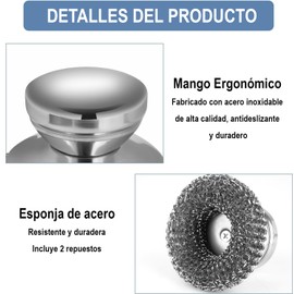 U Chef Set de 2 Fibras Metálicas para Lavar Trastes, Cepillo de Acero Inoxidable para Lavar Platos, Fregaderos de Lana de Acero con 2 Almohadillas de Alambre de Repuesto, para Limpiar Platos, Ollas.