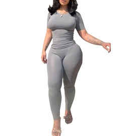 PINSV 2 Piece Sets for Women Summer Casual Jogger Workout Outfits Fitted Crew Neck T-shirt High Waist Legging Sets Grey S