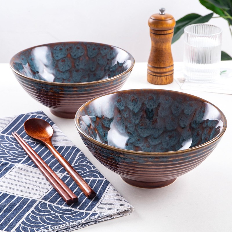HOKELER Ceramic Japanese Ramen Bowl Set, 2 Sets Asian Pho