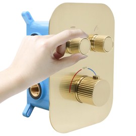 Brushed Gold 2-Way Thermostatic Shower Diverter Valve Kit - Solid Brass, Adjustable Flow, Temperature Control Mixer Valve - Perfect for Bathroom Renovation