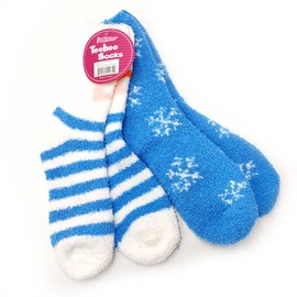 Christmas Holiday Slipper Socks 2-Pair for Women Reindeer Stripes Snowflakes (Blue Reindeer Snowflakes)