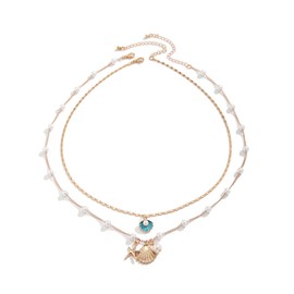 Boho Starfish Seashell Layered Necklace Gold Silver Plated Dainty Charm Double Layer Sea Shell Lucky Stars Ocean Animal Chain Necklace for Women Hawaiian Summer Beach Vacation Jewelry Gifts (Blue)