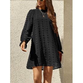FAMITION Long Sleeve Dress for Women Swiss Dot Wedding Gust Fall Casual Flowy Chiffon Mini Dress for Women Black S