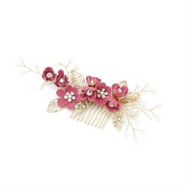 DANRENPANG Bride Wedding Hair Comb Pearl Flower Hair Piece Rhinestone Bridal Hair Accessories for Women (rose red)