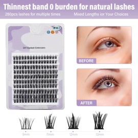 Individual Eyelashes, 280 Pieces, DIY Lash Clusters, Individual Eyelashes for Beginners, Reusable Eyelash Clusters, Individual Eyelashes for Eyelash Extension at Home, Eyelash Extension with Glue and