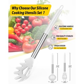 Silicone Pasta Fork and Ladle Spoon Set, Large Non Stick Kitchen Utensils for Cooking,Stirring,Serving Spaghetti, Soup, Sauce (WHITE)