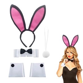 VYIBPDY 5-Piece Set Rabbit Ears Costume Rabbit Ears Headband Bunny Girl Cosplay Easter Bunny Costume Rabbit Ear Headband Collar Bow Tie Costume Cuffs Rabbit Tail for Easter Party, black