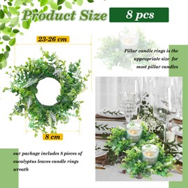 Silipull 8 Pcs Candle Rings Wreaths 3.1 inch Center Artificial Eucalyptus Candle Ring Small Greenery Wreath Farmhouse Spring Rings Wreaths for Wedding Party Home Pillars Table Door Decorations