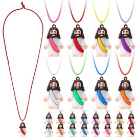 Bememo 24 Pcs Little Jesus Figures Necklaces Original Design Mini Rubber Jesus Figures to Easter Egg Hide and Seek Religious Party Favors Sunday Baptism Gifts, 8 Color