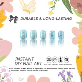 Blue Press on Nails Short Square Handmade Fake Nails Full Cover Blue White Ocean Wave False Nails with Gold Foil Designs Glossy Glue on Nails Summer Acrylic Nails Artificial Nails for Women Girls