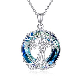 YAFEINI Tree of Life Necklace 925 Sterling Silver Chakra Lotus David Star Pendant Necklace Crystal Abalone Shell Tree Jewellery Gift for Women Girls Mum, Sterling Silver