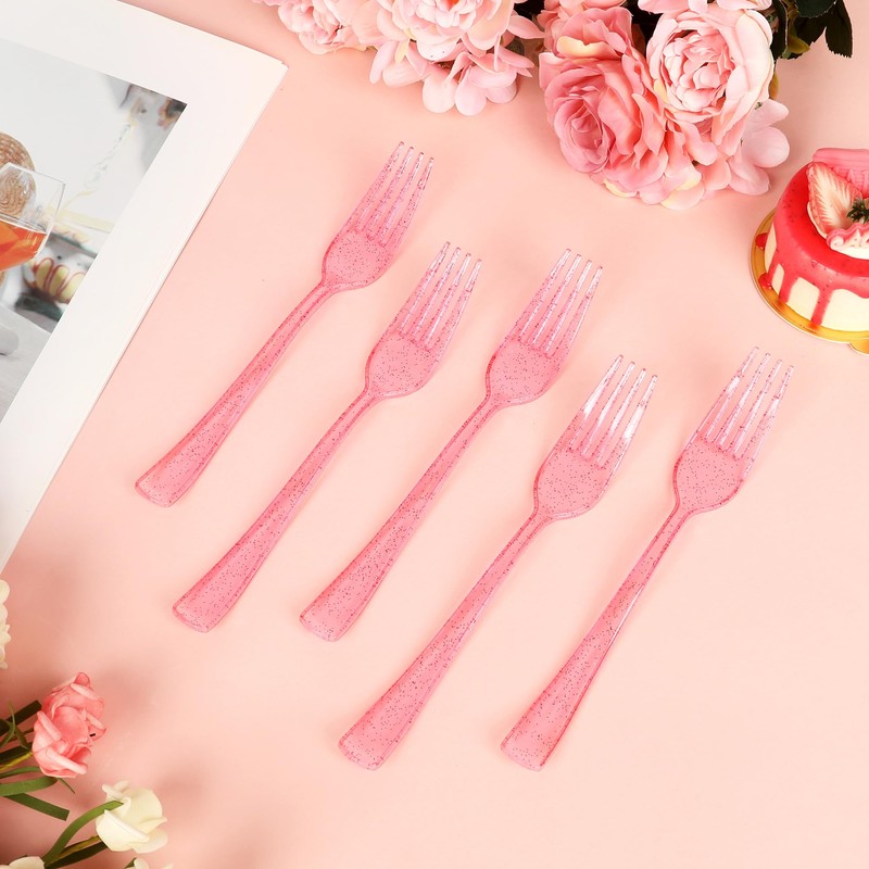 100 Pcs Pink Glitter Plastic Forks, Disposable Heavy Duty Pink