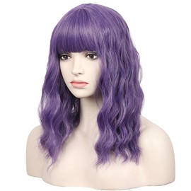 WildCos Short 14 Inches Pastel Wavy With Air Bangs Bob Cosplay Wig for Girl and Women Colorful Wigs (Violet)