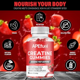 APEfuel Creatine Gummies for Men & Women - Sugar-Free Strawberry Flavored Pre-Workout Gummies for Muscle Growth, Strength & Cognitive Support - 3000mg Creatine Dietary Supplement (30-Days Supply)
