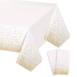 Gexolenu 2 Pack White and Gold Disposable Plastic Tablecloth for Rectangle Tables(54" x 108"), Disposable Waterproof Table Cover for Birthday, Graduation, Gold Table Cloths Party Supplies