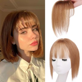 Mscat Clip in Bangs, Bangs Hair Clip Hair Toppers for Women 50% Human Hair Mixed, Bangs Clip in Hair Extensions 360° 3D Cover Wispy Fake Clip on Bangs for Women(Light Brown, 5×8 3D Bangs)