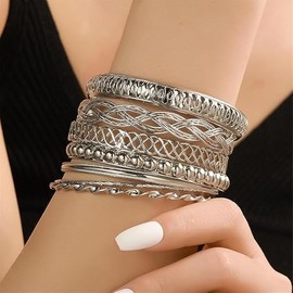 7Pcs Bohemian Chunky Stackable Textured Bangle Bracelet Set Multilayer Boho Bead Bracelet for Women Friend Vintage Jewelry