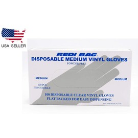 Redi Bag, Disposable Vinyl Gloves, Latex-Free, Powder-Free, 100 Count (Medium)