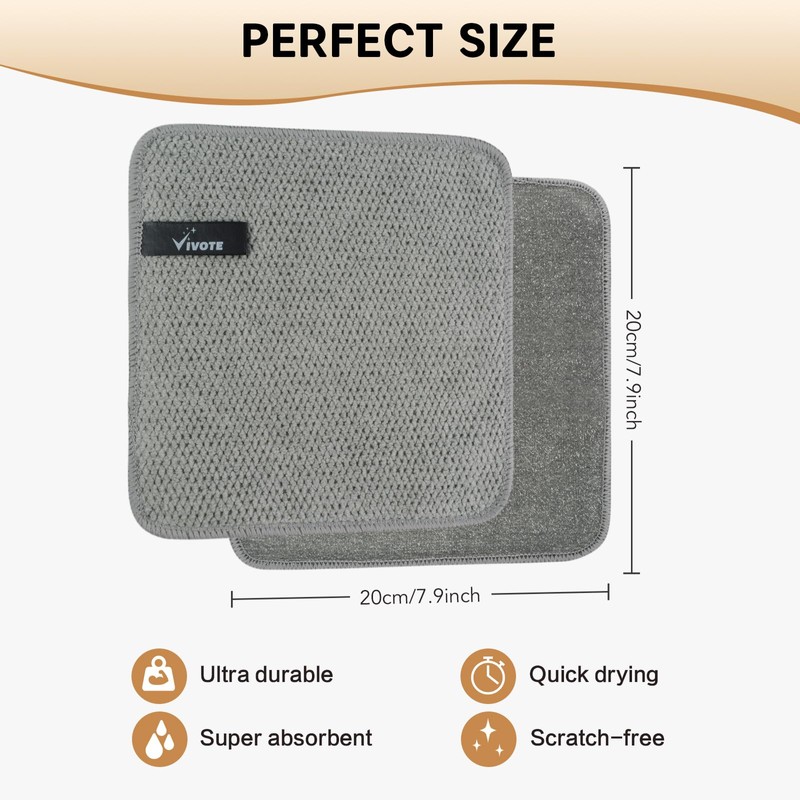 VIVOTE 8 Pack Premium Microfibre Cleaning Cloth with Scrubber，Double-Layer No
