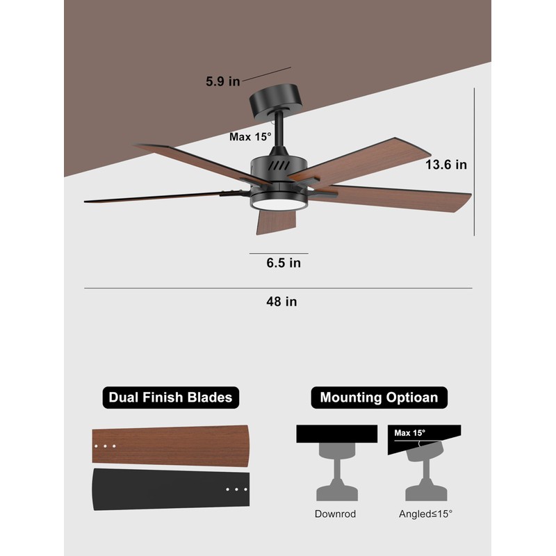 Ohniyou 48'' Ceiling Fans with Lights and Remote, 6 Speeds,