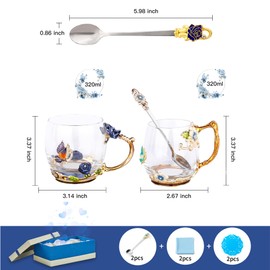 Tea Cup Glass Coffee Mugs,Fancy Tea Cup Set Birthday Christmas Valentine's Day Gift Idea for Tea Lover and Women Novelty Coffee Mugs Rose Flower Enamel Cup with Spoon (Blue rose & butterfly daisy cup)