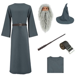 Wizard Costume with Wigs Beards Pagan Tunic Costume Wizard Cloak Cosplay Grey Robe Hat Full Set Outfits for Adult XS