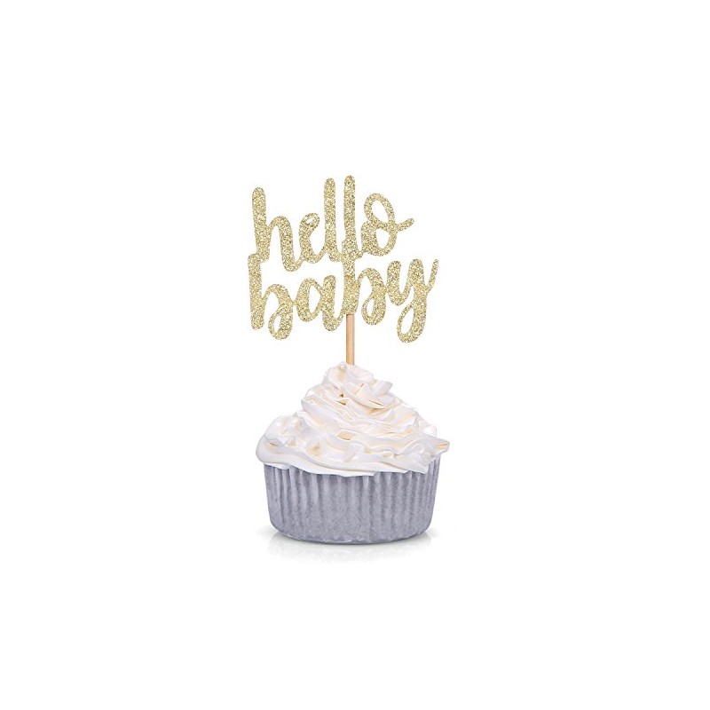 Giuffi 24 CT Gold Glitter Hello Baby Cupcake Toppers Baby