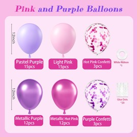 61pcs Pink and Purple Balloons, 12 Inch Purple Pink Confetti Balloons, Metallic Pink Purple Balloons with Ribbon for Bridal Baby Shower Wedding Women Birthday Party Decorations