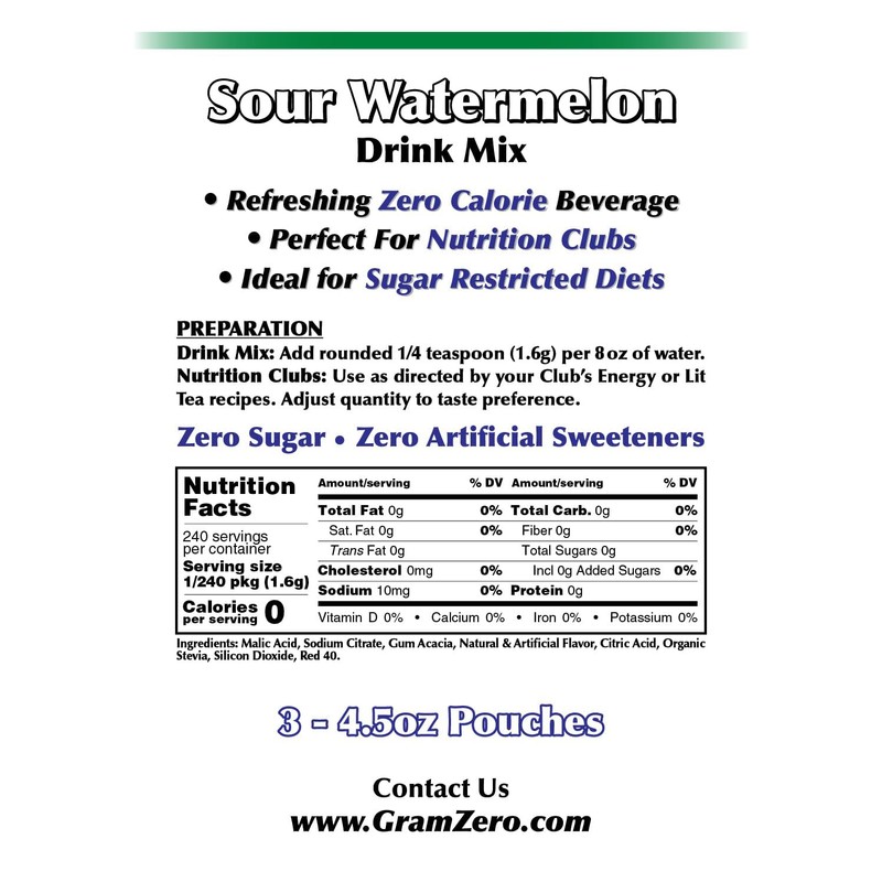 GramZero Sour Watermelon Zero Calorie Sugar Free Drink Mix, Great