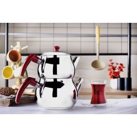 DESTALYA Turkish Teapot Set, Stainless Steel Double Tea Pots for Stove Top, Tea Maker with Strainer, Samovar Tea Kettle, Water Heater Warmer (Midi with Red Handles)