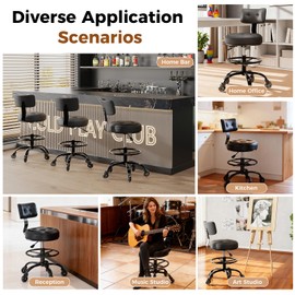 FREEKYROCK Office Drafting Chair with Footrest, Tall Height Adjustable Stool with Back Support, Heavy Duty Rolling Stool Chair with Wheels for Office Home Kitchen Bar Shop Guitar Studio Vanity, Black