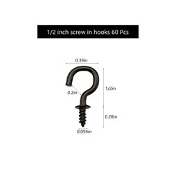 IDEALSV Small Black Ceiling Hooks 1/2'' Screw-in Light Hooks DIY Jewelry Hook (60Pack)