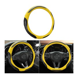 Leather Steering Wheel Cover, Auto Car Stretch Steering Wheel Protector, Universal 15 Inch Anti-Slip Breathable Odorless Steering Wheel Cover for Men Women (Black/Yellow)